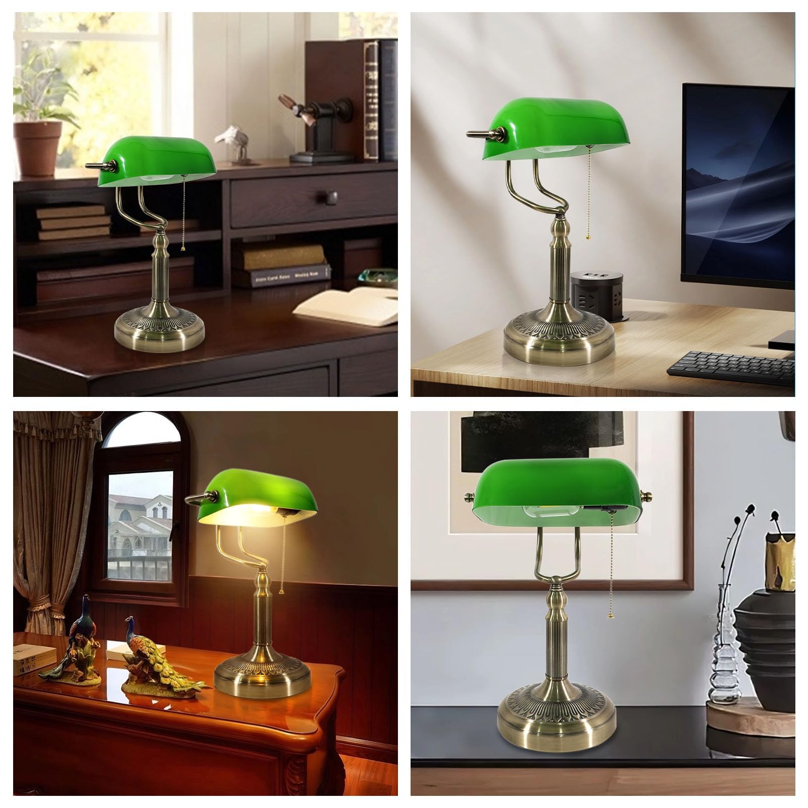 Grüne Banker-Tischlampe aus Glas – Klassische Retro-Tischlampe mit Stecker und Bronzesockel, Zugkettenschalter, geeignet für Büro, Bibliothek, Arbeitszimmer, Homeoffice, Schlafzimmer