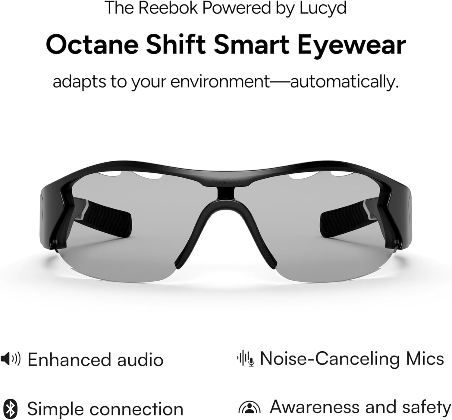 Reebok Octane Shift Smart Eyewear Powered by Lucyd - Photochromic Adaptive Lens - HiFi Bluetooth Sport Glasses