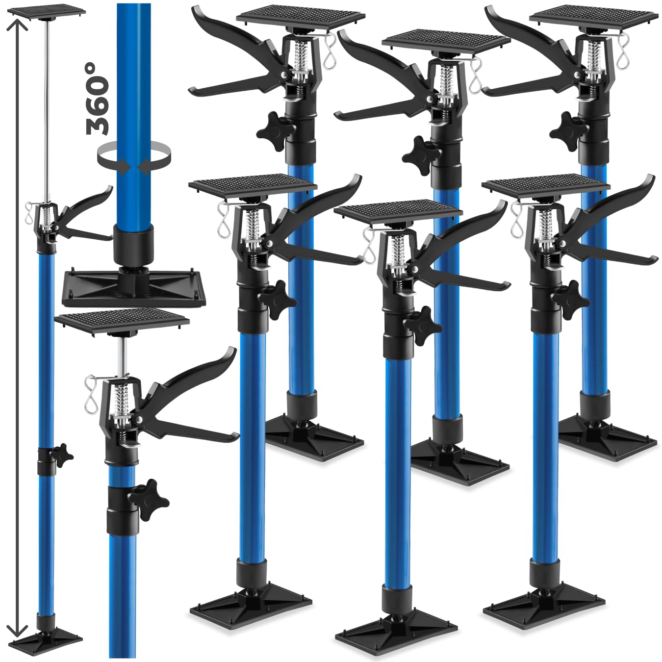 tectake® Lot de 6 Etais telescopique, Etai telescopique Soutien de porte, réglable en hauteur de 51 à 115 cm, Charge max. 30kg par Etai de soutien, Fixation rapide, Bricolage, Construction, Bleu