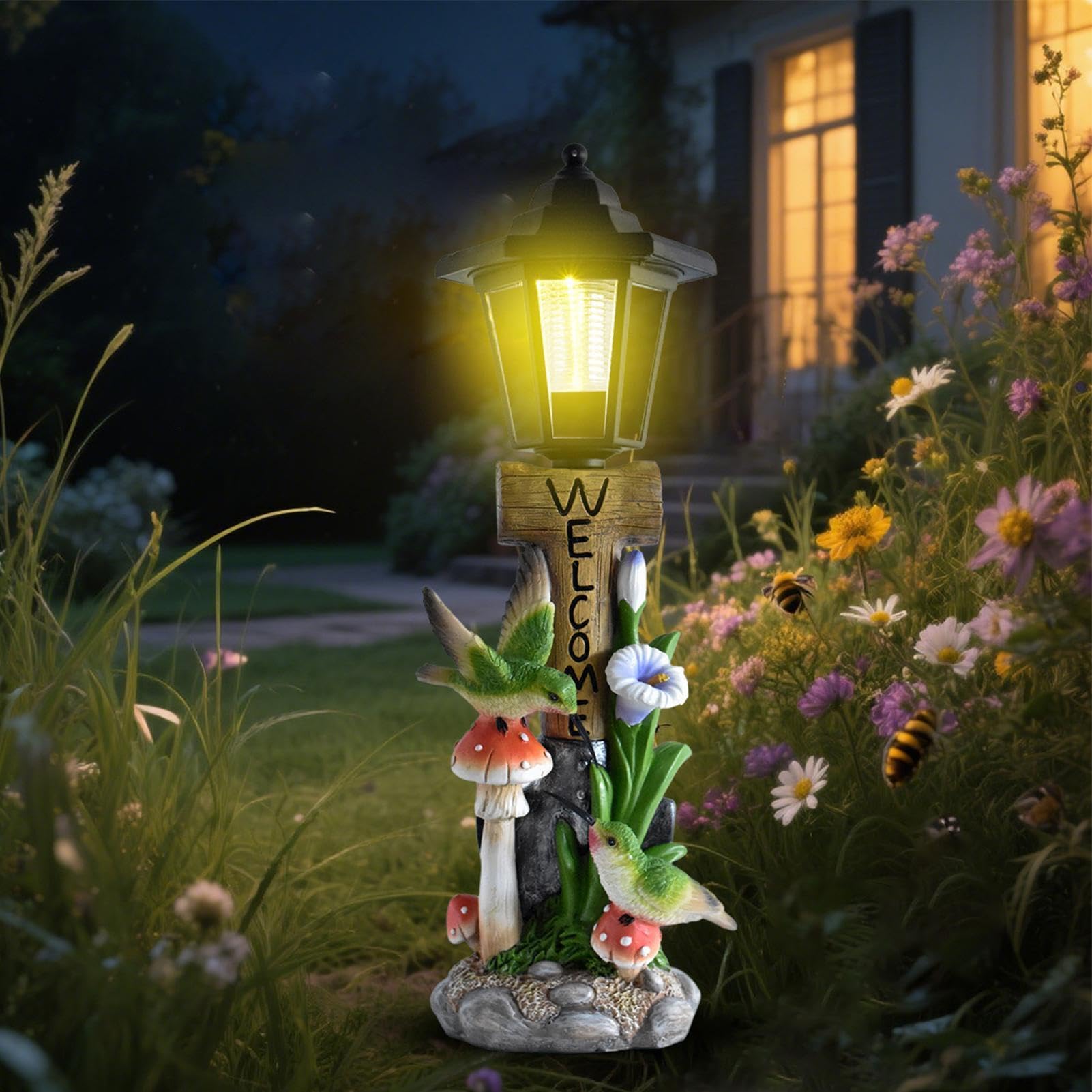 Estatuas solares de jardín de resina resistente a la intemperie, iluminación LED | Figuras decorativas de césped para balcón, porche, patio, hogar, jardín, césped