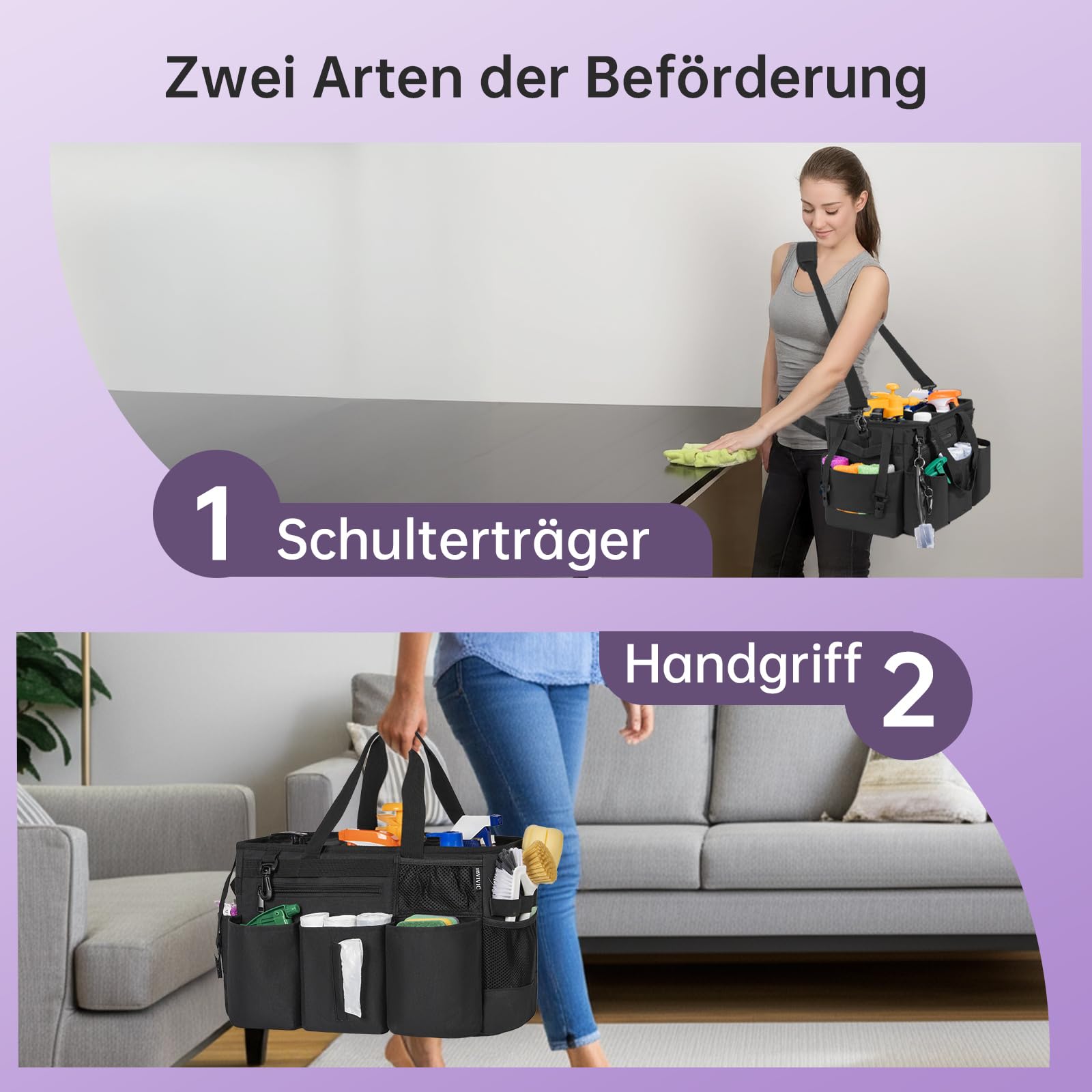 OUUTMEE Bolsa de limpieza 20 x 38 x 26 cm con compartimento extraíble portátil organizador negro
