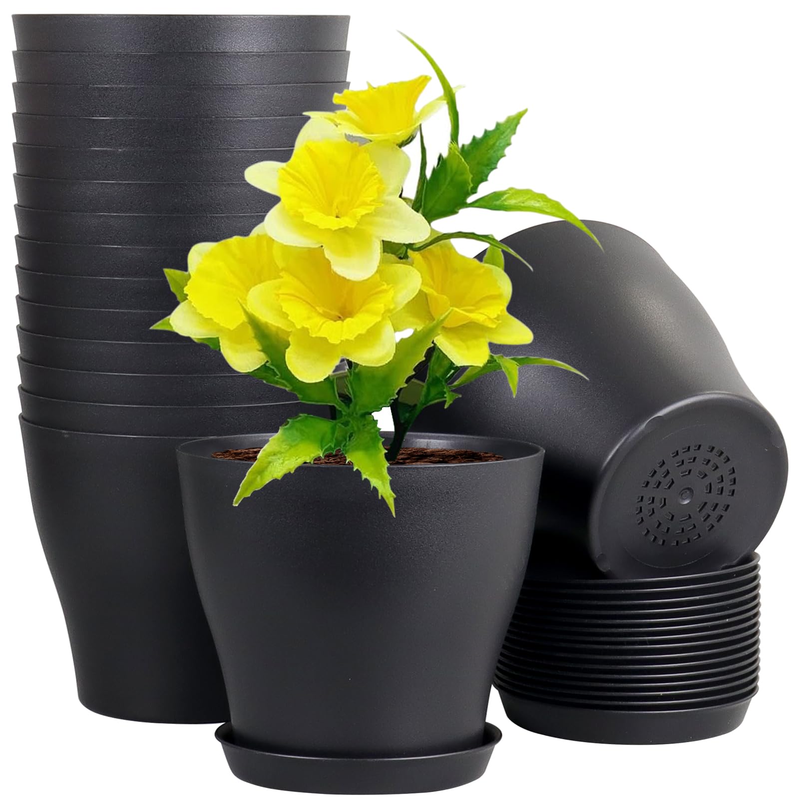 6 inch Plastic Nursery Pots, Seedling Pots, 16 Pack Plant Pots for Small Indoor Outdoor Plants, Flower Pots with Drainage Holes and Saucers, Decorative Planters for House Plants, Black
