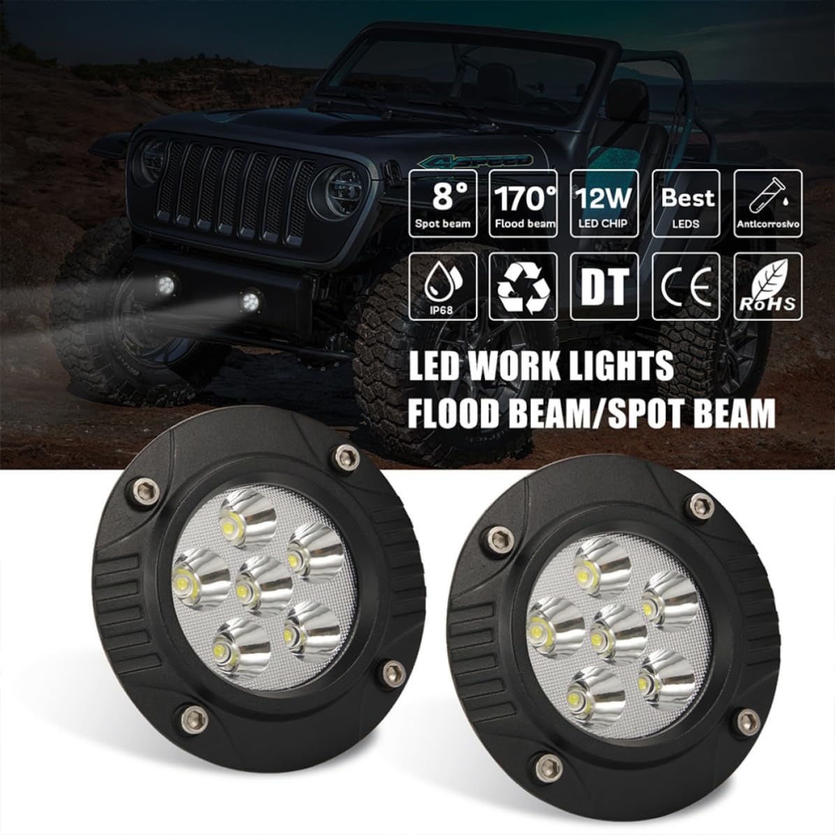 Balacoo Lámpara LED para Coche Empotrada 48w 4800lm Ip67 Negra