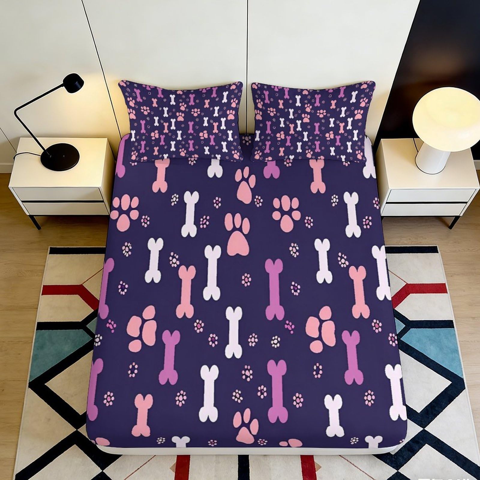 3D Printed Dog Bone and Paw Print Fitted Sheet Microfiber Soft Breathable Purple Bed Cover for Bedroom Dormitory Guest Room Mattress Protection Decor 90x200x25cm