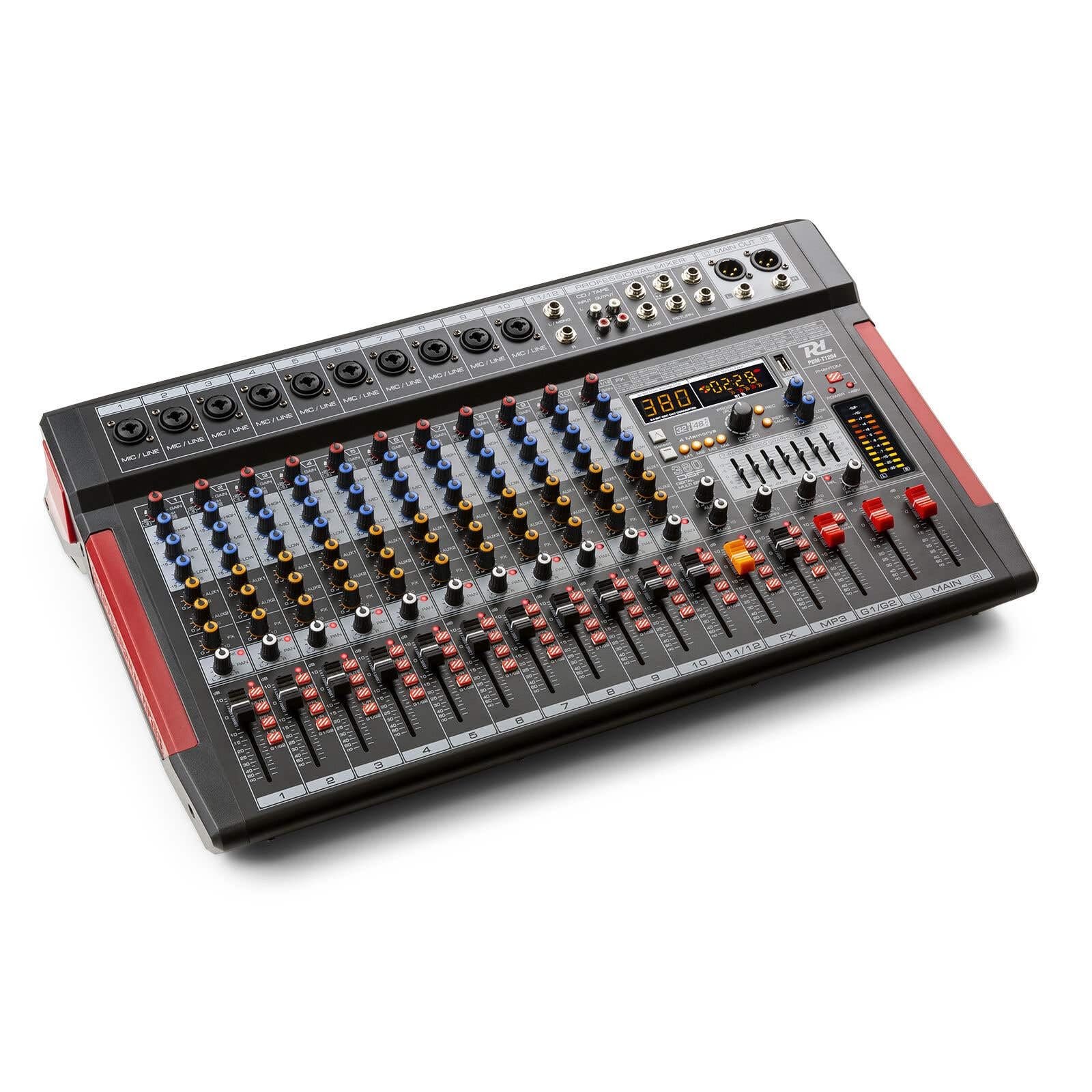 Power Dynamics PDM-T1204 Mezclador de audio de 12 canales con Bluetooth, ecualizador gráfico de 7 bandas, MP3, salida USB, salida de auriculares de 6,35 mm, ideal para estudio de grabación