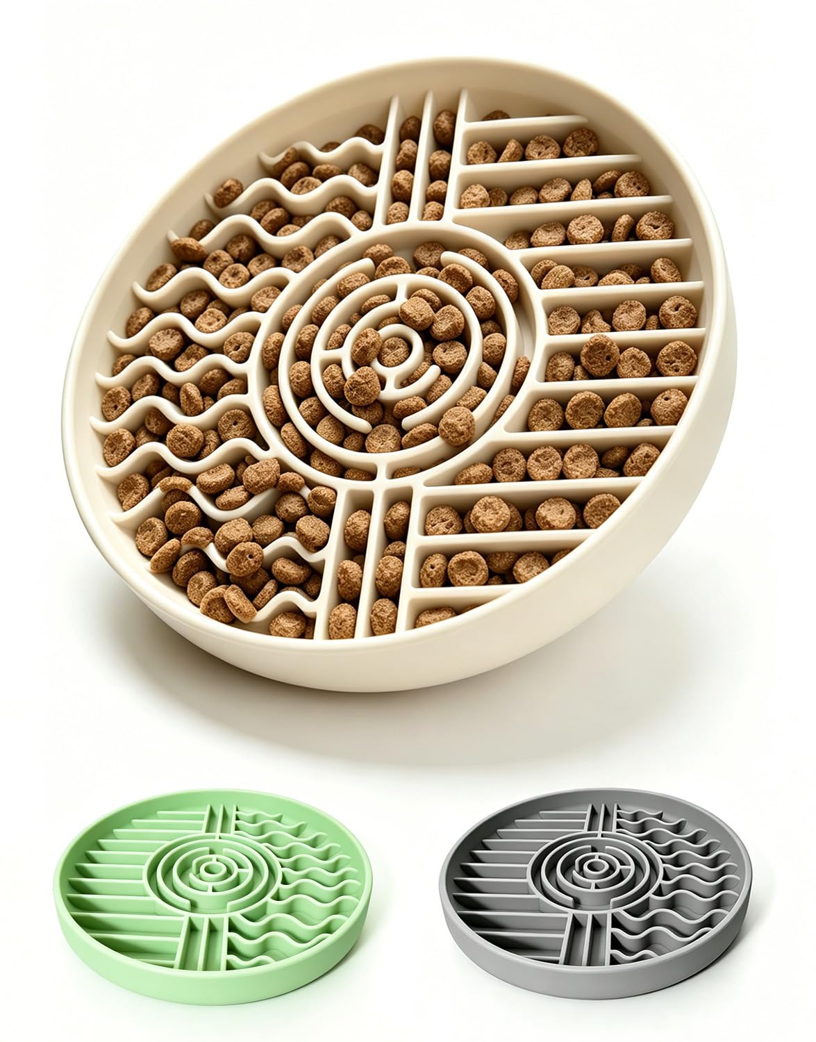 Slow Feeder Dog & Cat Bowl, Anti-Choking Silicone Food Bowl with Non-Slip Suction Cup Base, Dishwasher Safe, Slow Eating Design Reduces Bloat Anxiety, Ideal for Large to Small Dogs & Cats (Beige)