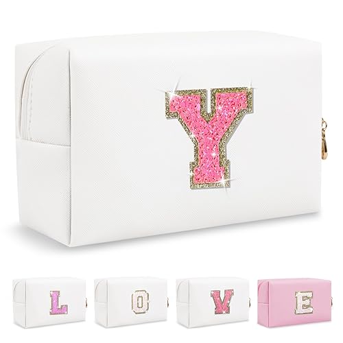 Miniatura 437 de Bolsa de maquillaje personalizada con inicial A-Z Preppy Patch, pequeña bolsa de cosméticos de PU con letra de chenilla y cierre para niñas Negro