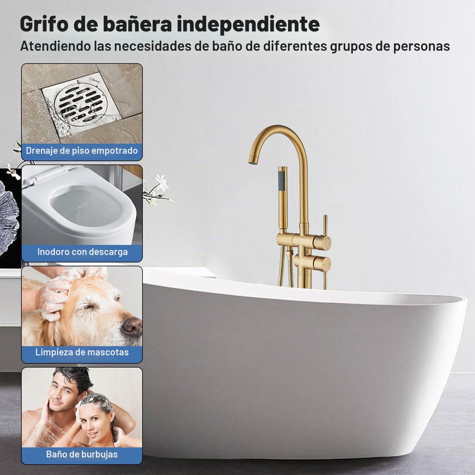 Grifo de bañera independiente para montaje en el suelo, grifo de ducha de alto flujo dorado cepillado con grifo mezclador de ducha de mano, boquilla giratoria