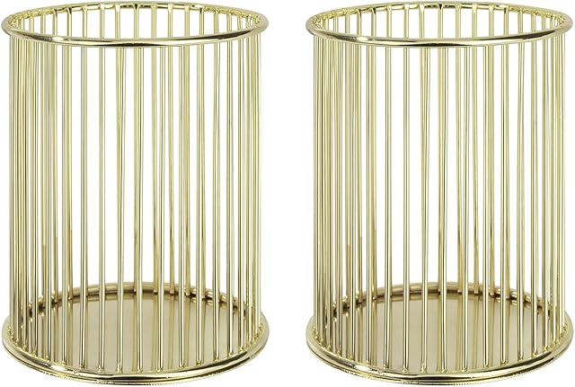 Pencil Holders Round Iron Art Pen Holder Fashion Makeup Brush Storage Basket Multifunctional Desktop Tidy Organizer for Home, School, Office, 8cm in Diameter, 2 Pieces (Gold)
