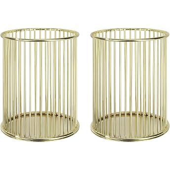 Pen Holder Openwork Round Iron Art Writing Instrument Holder Multifunctional Desk Organiser Pen Holder Makeup Brush Holder 8 cm Diameter Pack of 2 Gold