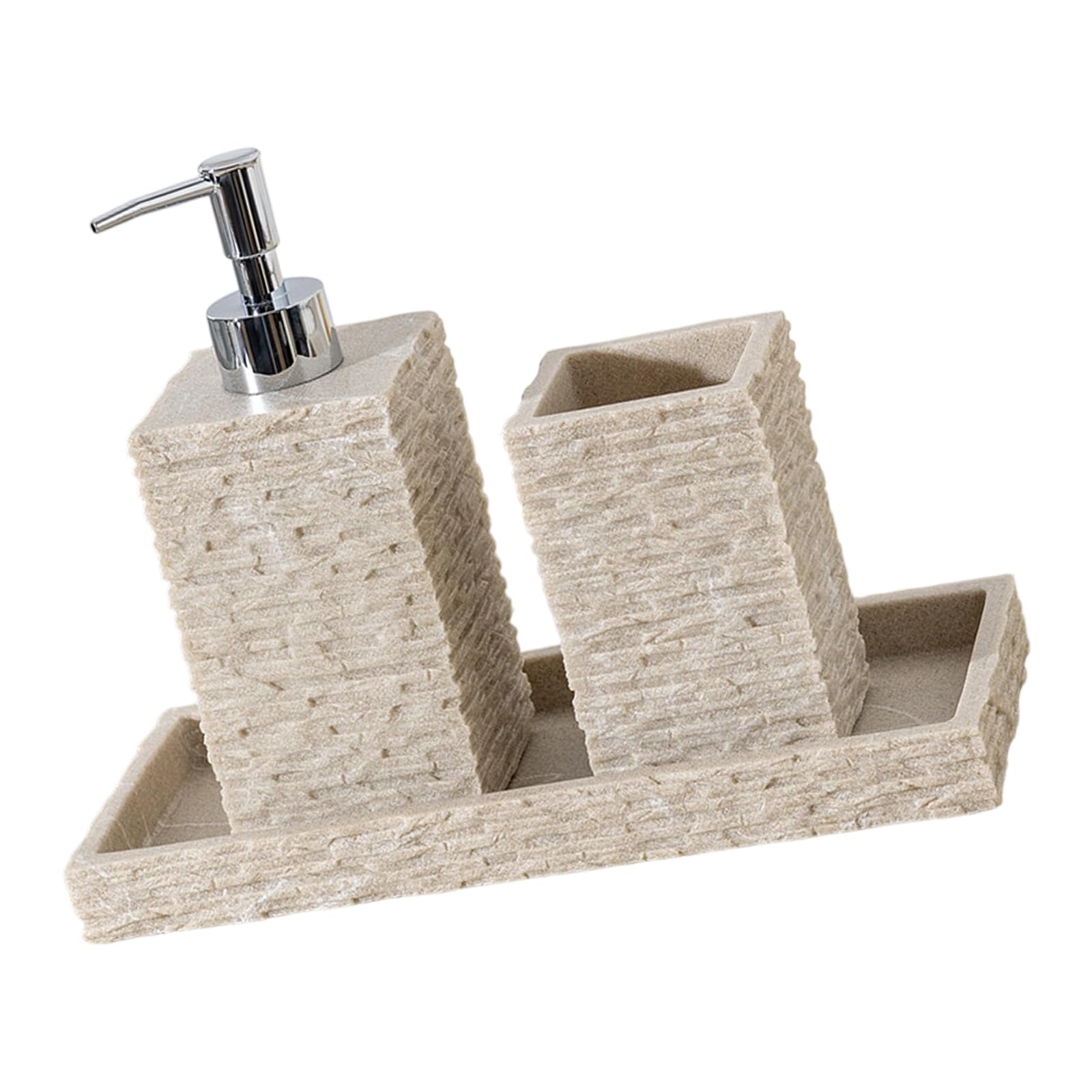 Juego de organizador de baño de resina con acabado de piedra, botella de jabón y bandeja organizadora, soporte para cepillo de dientes para uso doméstico, accesorios de baño