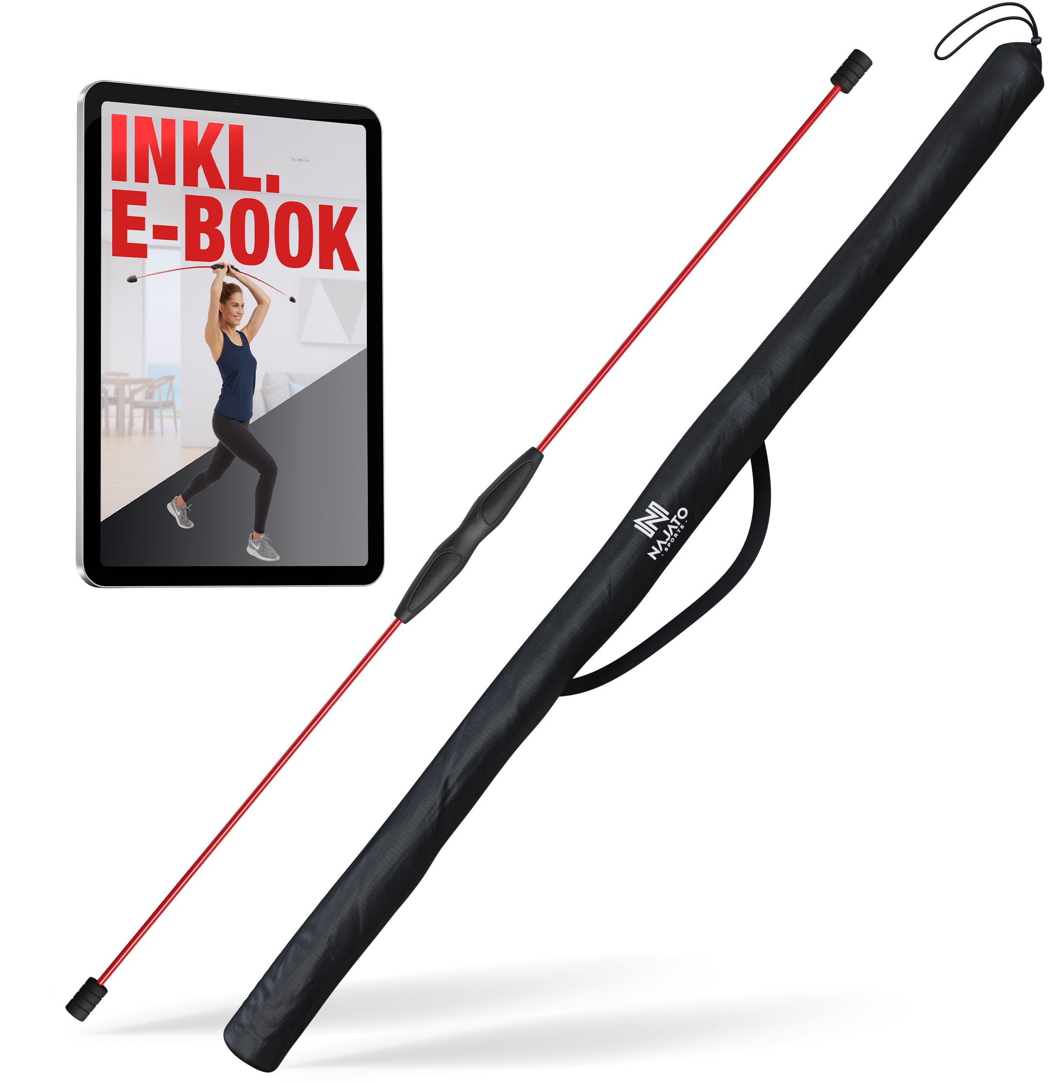 NAJATO Sports Schwingstab – Swingstick inkl. E-Book (PDF Datei) & Tasche – Wackelstab mit verstellbaren Gewichten – Für Physiotherapie & Fitness