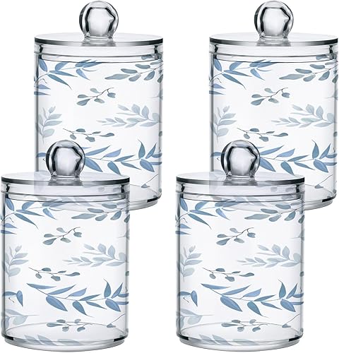 Miniatura 2 de Paquete de 2 dispensadores de soporte Qtip con hojas azules claras, tarro de boticario de plástico transparente de 14 onzas con tapas, accesorios de
