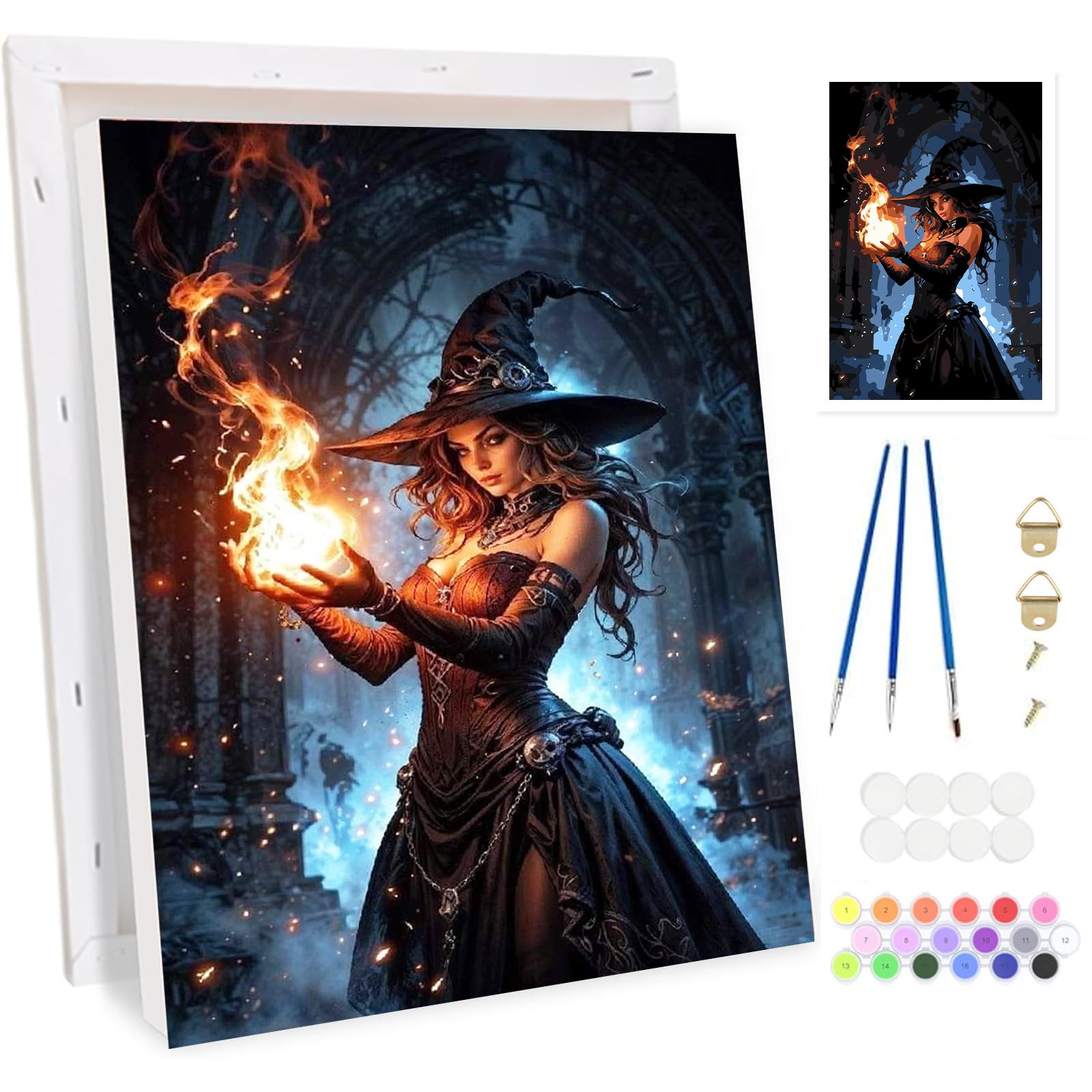 Bowetile Halloween Witch Framed Paint by Numbers for Adults, Pumpkin Painting by Numbers Kit for Adults Beginners Canvas Kit, DIY Color Oil Painting Acrylic Paints for Home Wall Decor 20x30cm