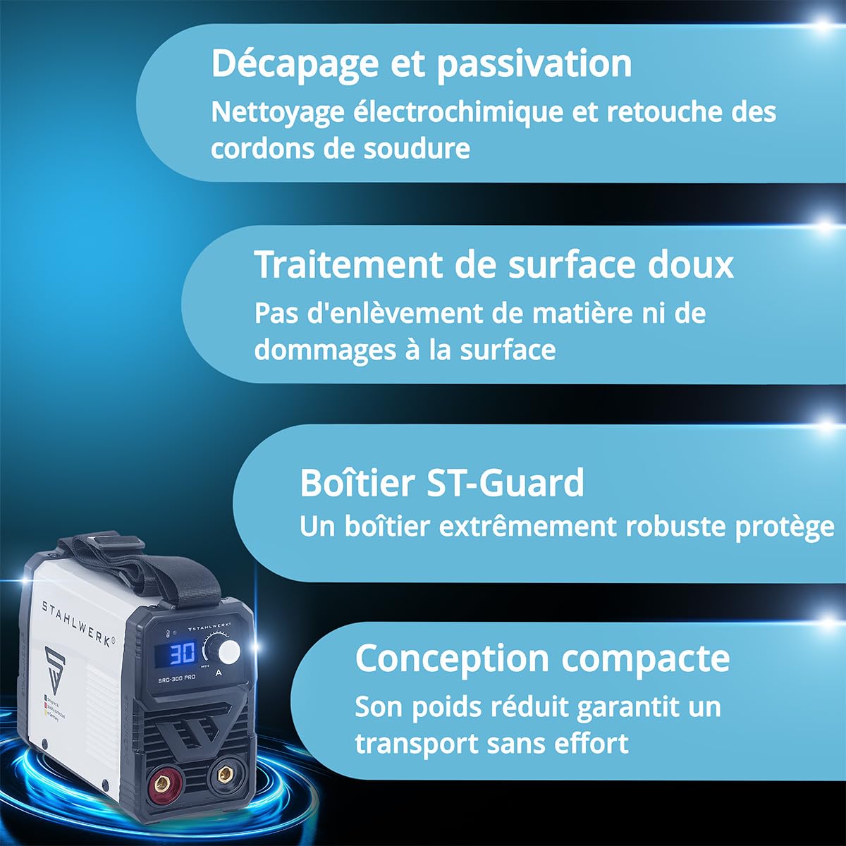 STAHLWERK SRG 300 Pro Dispositivo de limpieza de costura de soldadura compacto para limpieza electroquímica, pasivación y acabado de soldaduras, 10-30 A, 230 V, 2,2 kg
