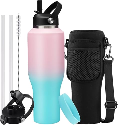Miniatura 18 de Botella de agua de 32/40 onzas con estuche de transporte, botella aislada de acero inoxidable con tapa y pajita, taza térmica al vacío de doble