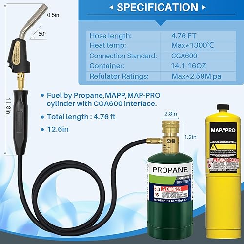 Miniatura 4 de Cabezal de antorcha de propano, antorcha de gas Mapp, manguera de antorcha de propano de 3.6 pies, kit de antorcha para gas de mapa de propano,