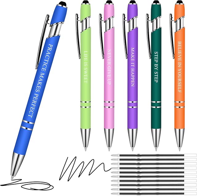 Svalor 16 PCS Personalised Pens Set Including 6 PCS Ballpoint Pens and 10 PCS Pen Refills, 1.0 mm Novelty Pens with Stylus Tip, Inspirational Quotes Pens, Click Pens for School Office Supplies