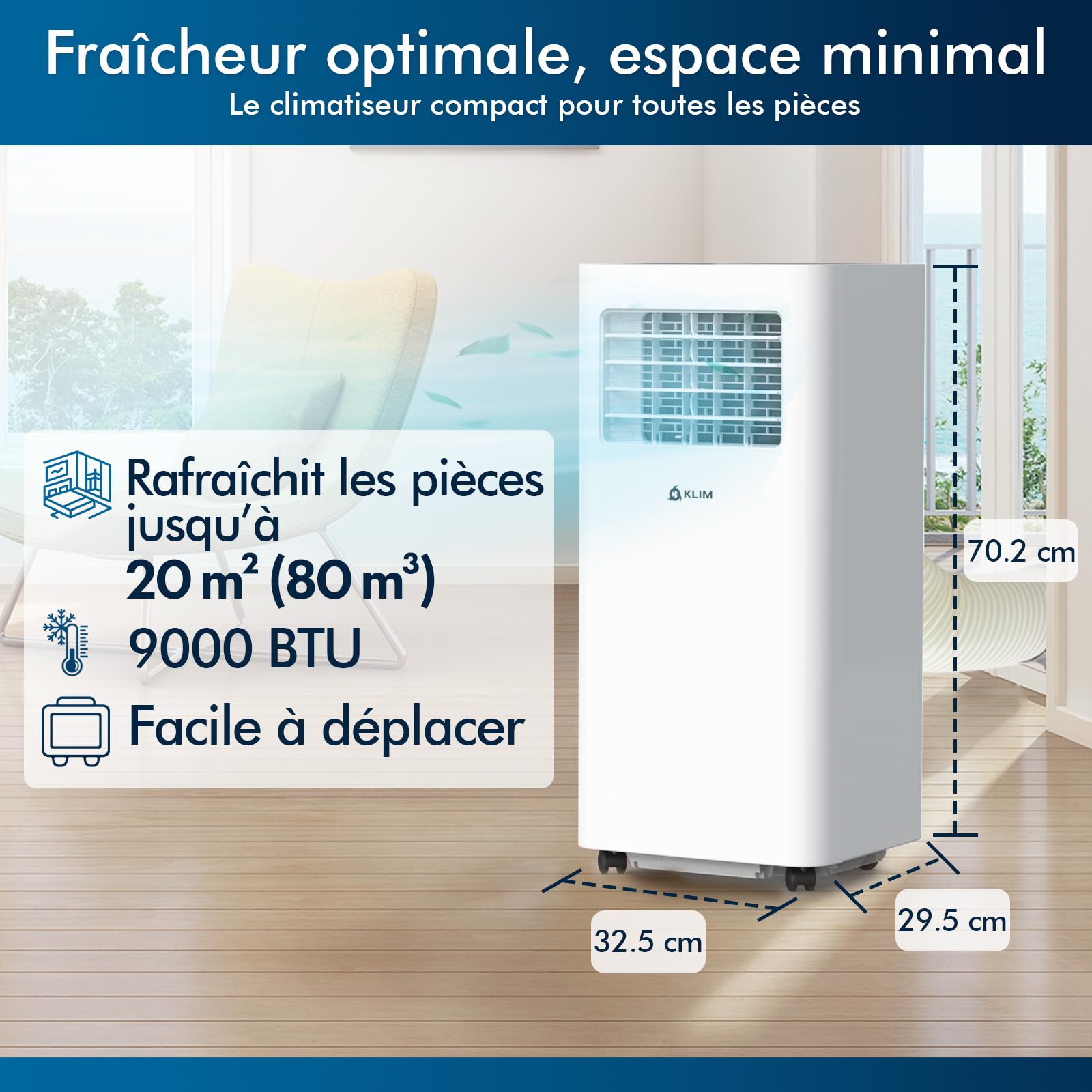 KLIM K9000 - Climatiseur Mobile Silencieux 3 en 1 - Nouveauté - Déshumidificateur - Climatiseur Portable 9000 BTU - Ventilateur et Climatisation - Clim Mobile avec Télécommande - GARANTI 5 ANS