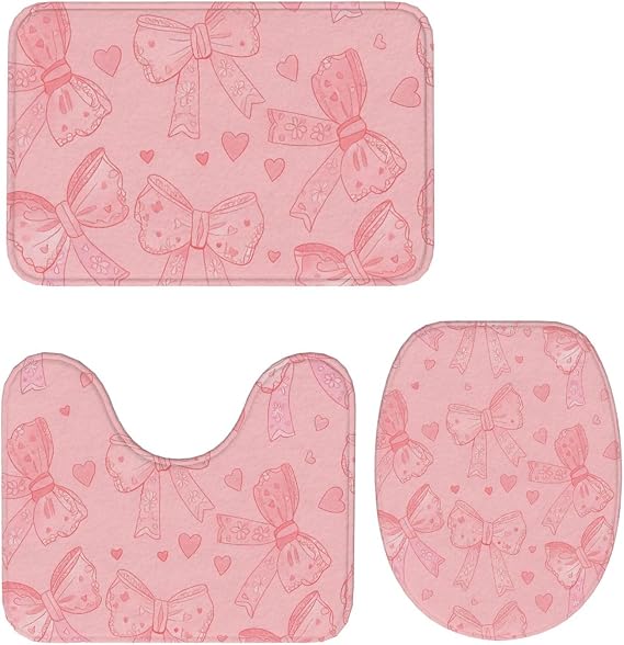 Pink Bow and Heart Bathroom Floor Mat 3 Piece Absorbent Washable Non Slip 24x16in