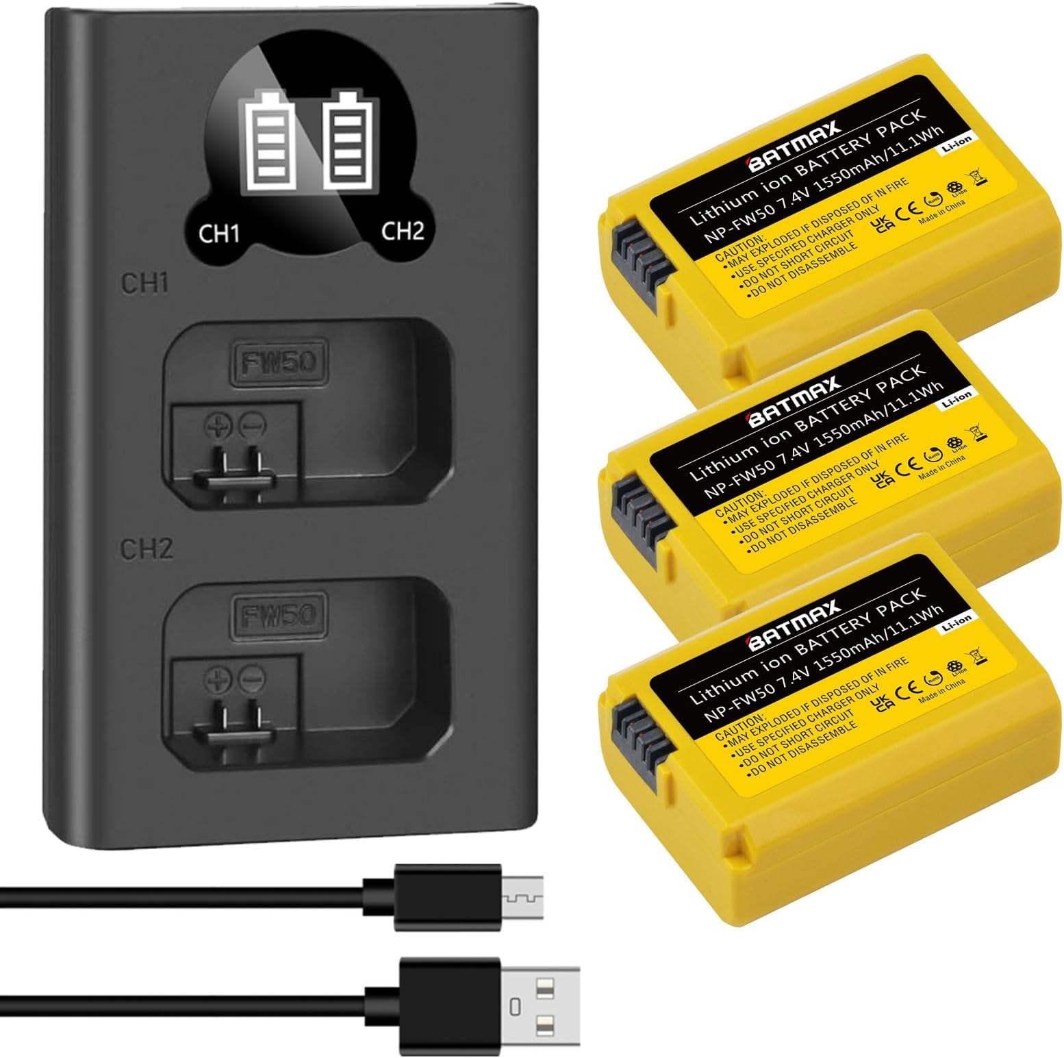 Batmax 3Packs 1550mAh NP-FW50 Battery + Rapid LCD USB-C Charger for Sony ZV-E10 Alpha 6300 6500 a7s, a7, a7s ii, a7s, a5100, a5000, a7r, a7 ii NEX-7 DSC-RX10 DSC-RX10 II III 7SM2 Cameras