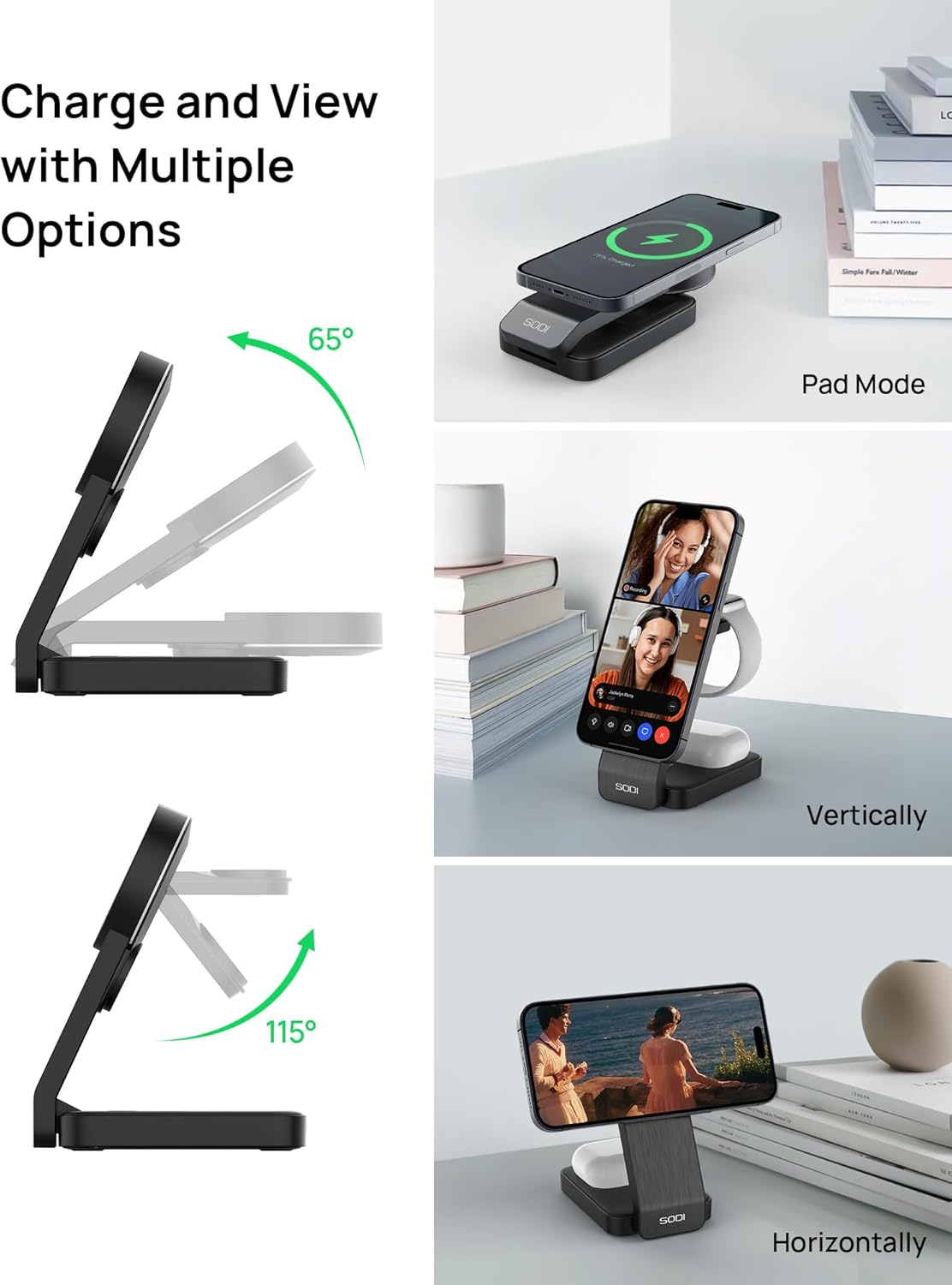 SODI 3-in-1 Wireless Charging Station showing various adjustable viewing angles for a smartphone.
