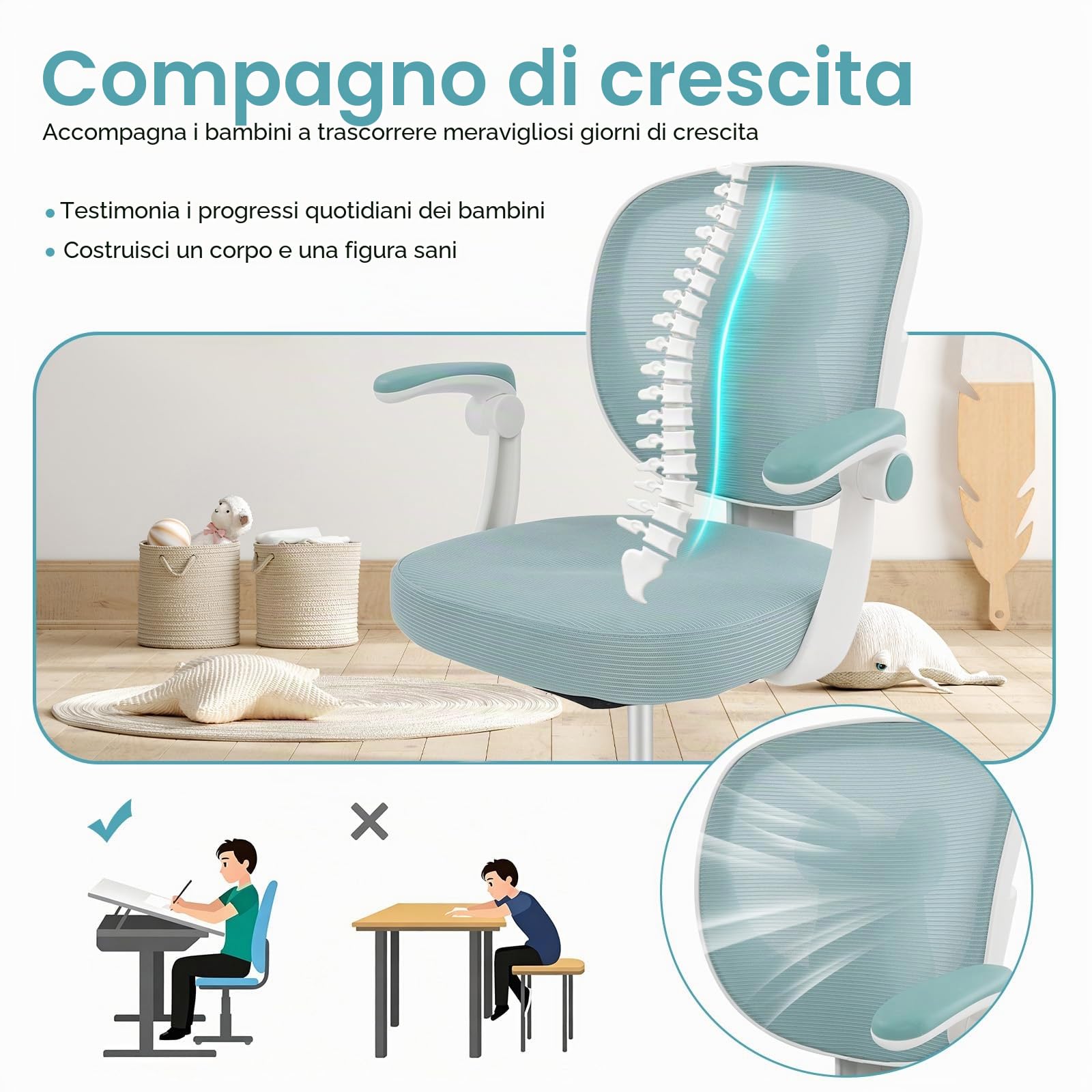 Sedia da scrivania per bambini, ergonomica, girevole a 360°, per bambini, regolabile in altezza, con braccioli e poggiapiedi, per adolescenti e ragazze (verde)