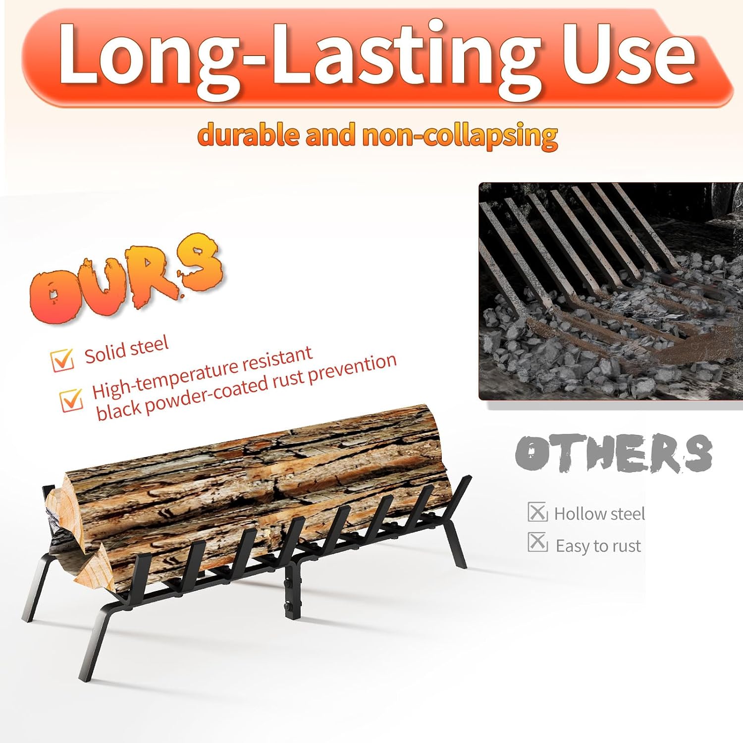 1Pack Flat Bar Fireplace Grate，27’’Fireplace Log Grate with 6 Support Legs，Black Heavy Duty Solid Steel Fireplace Log Holder for Backyards Courtyards Terraces Fireplaces