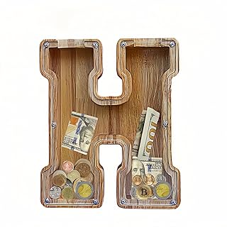 Large Piggy Bank for Kids Boys Girls, Personalized Wooden Letter Piggy Bank with Cut-Out Design, Alphabet Letter Coin Banks, Money Savings Box,Birthday Present for Kids Adults and Home Decoration (H)