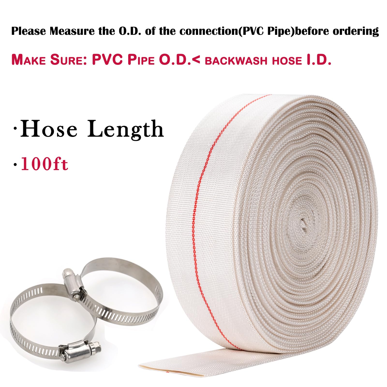 Eastrans Manguera de retrolavado de piscina de 2 pulgadas x 100 pies, manguera de descarga plana resistente, mangueras de drenaje para piscina, manguera de filtro de piscina con 2 abrazaderas,