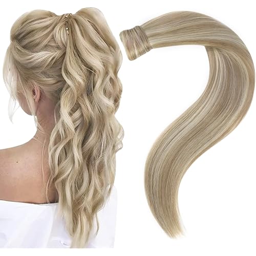 Easyouth Pony Tails Extension Human Hair for Women Blonde Highlight Clip in Ponytail Hair Extensions Golden Blonde Mixed Dark Ash Blonde Straight Long Natural Hair 18 Inch 80G