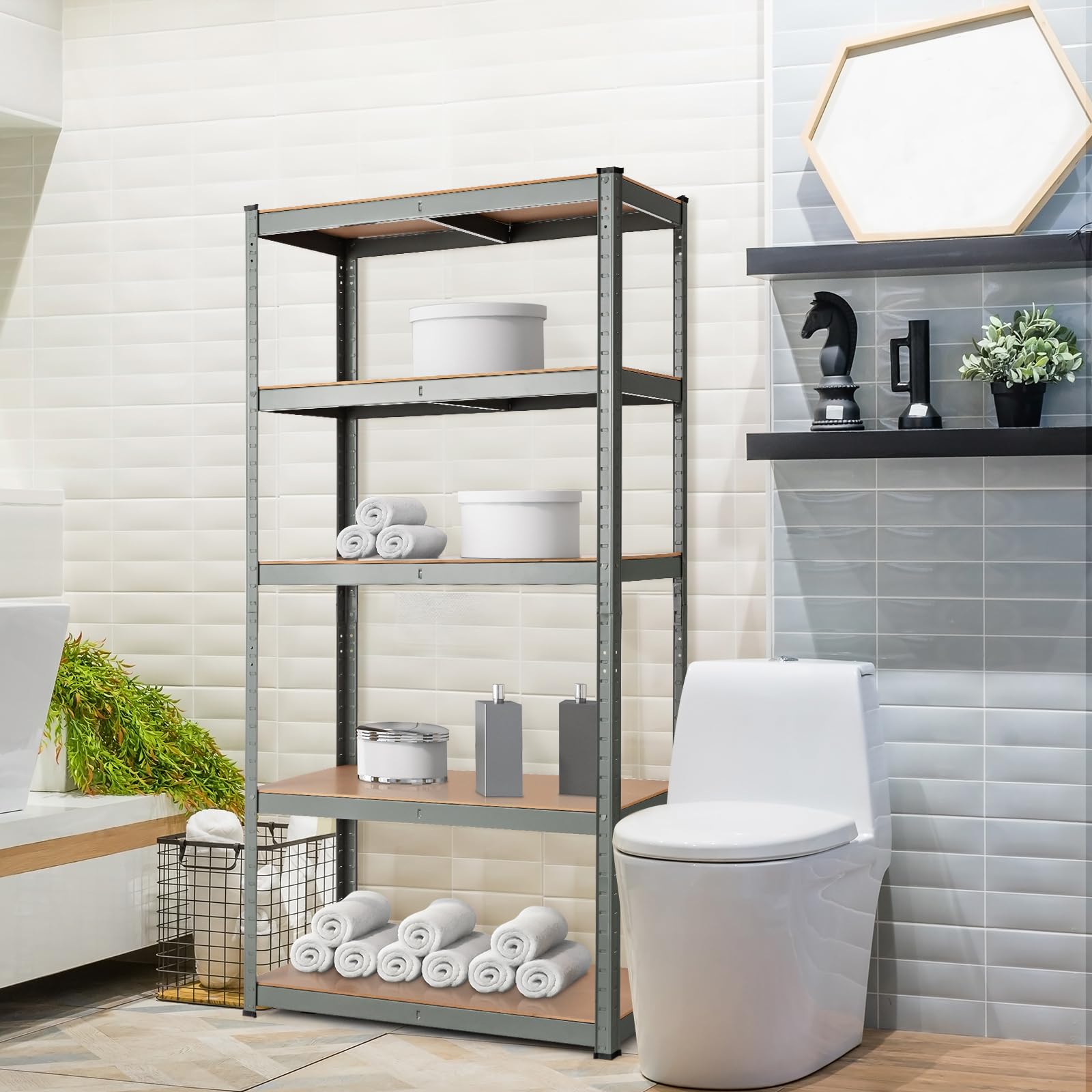 HOMASIS Estantería de metal para garaje con 5 estantes ajustables, ahorra espacio, estantes modulares para garaje, trastero, almacén, carga hasta 875 kg, 90 x 45 x 185,5 cm (gris)