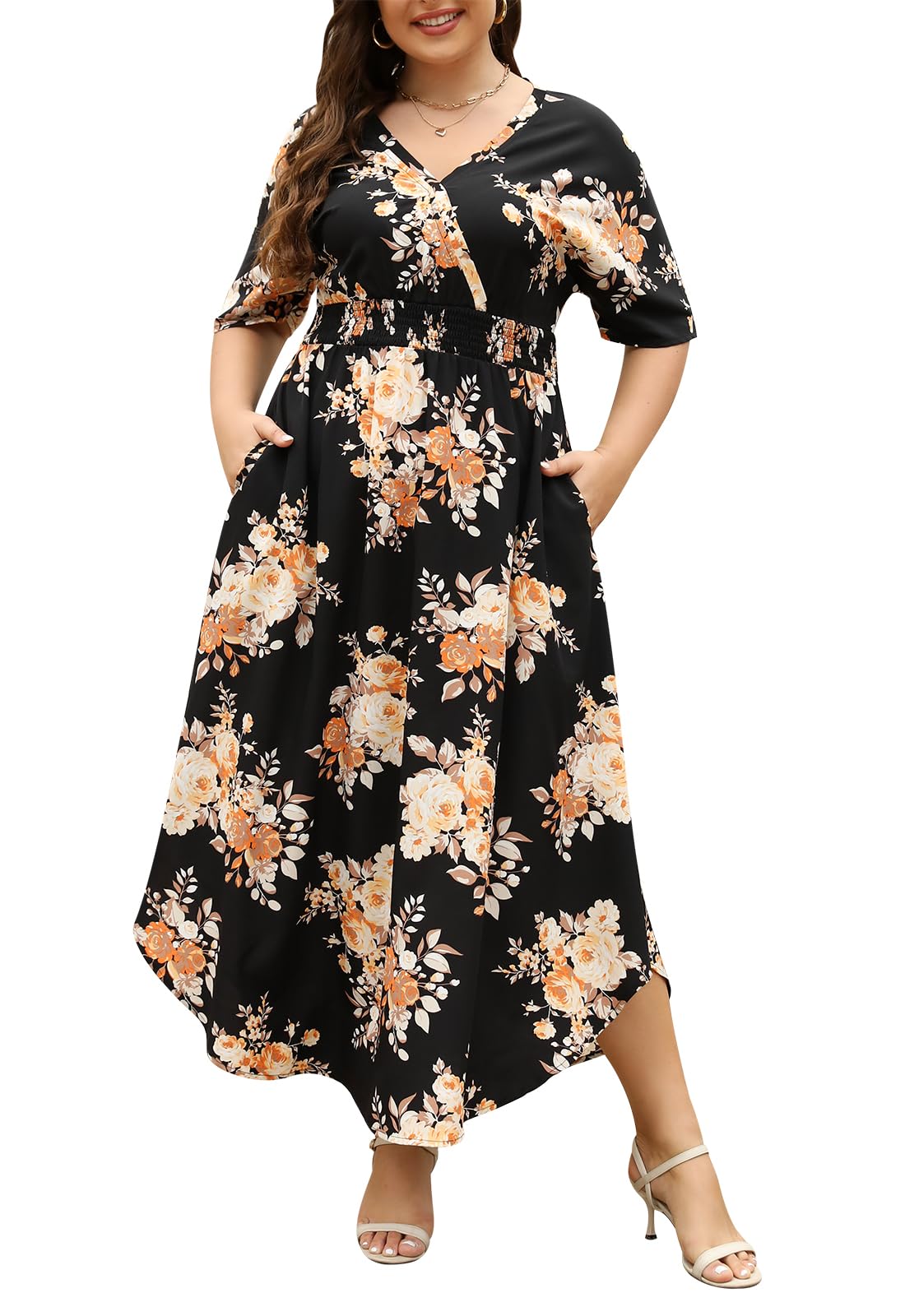 Nemidor Womens Casual Plus Size Boho Print V Neck Flared Maxi Dress with Pocket NEM403