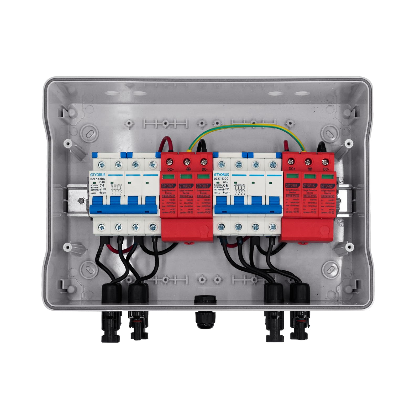 Caja de Conexiones Solar Fotovoltaica, IP65 Fotovoltaica DC Protección Contra Sobretensiones, Interruptor Automático Fotovoltaico 2 Cadena DC 1000V con Enchufe Solar(2 en 2 fuera, 40A)