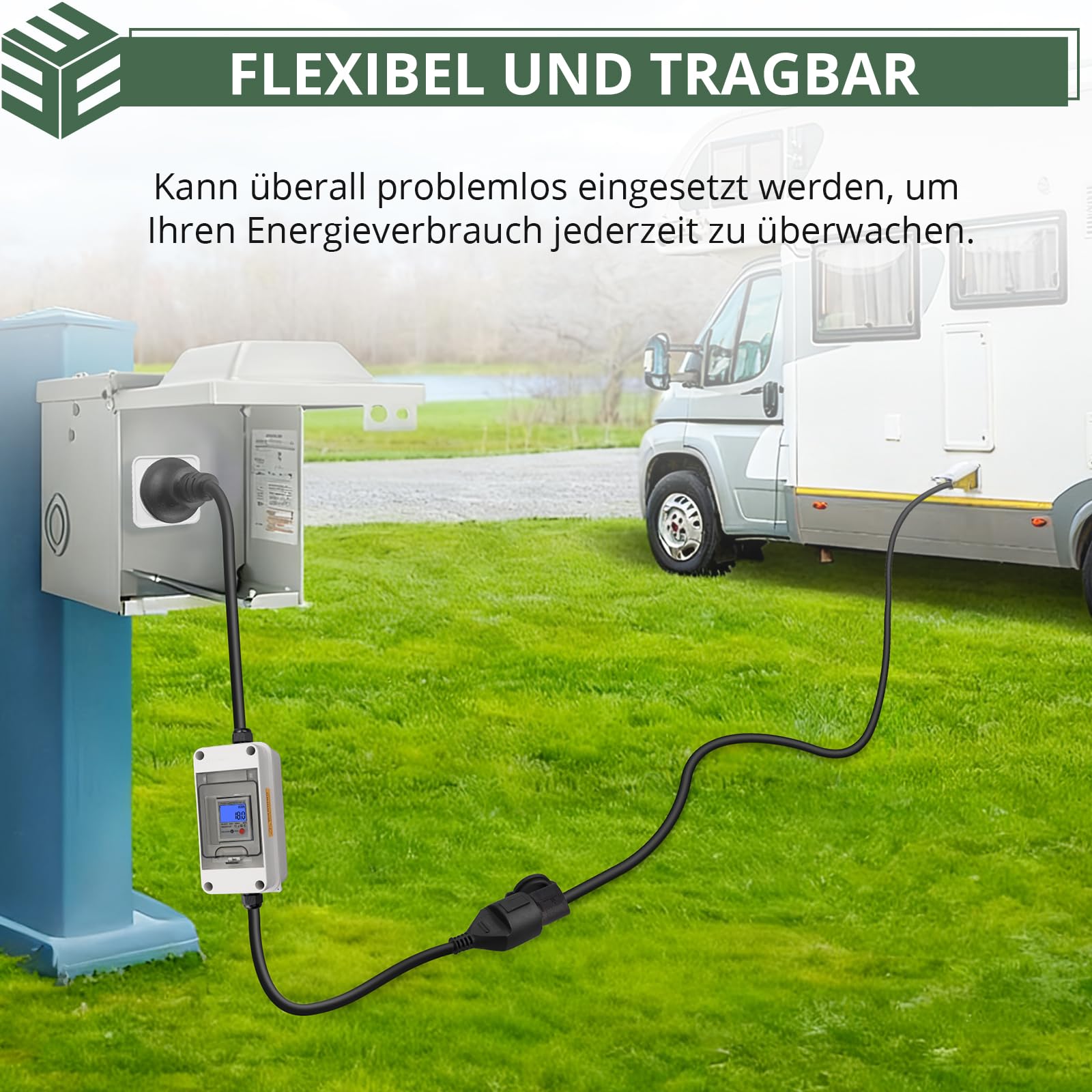 EYPINS Mobilny cyfrowy licznik prądu 80 A, 230 V, outdoorowy, mobilny miernik KWH, wodoszczelność IP65, przenośny licznik prądu LED z resetem, wtyczka SK, sprzęgło SK, do samochodów kempingowych