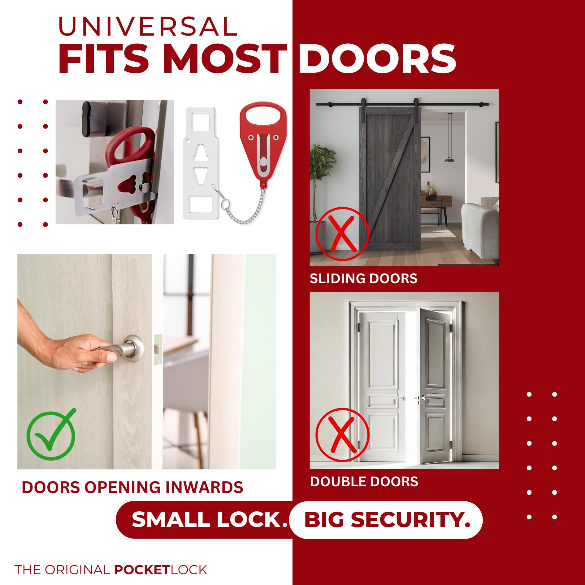 Juego de cerradura de puerta portátil + alarma de tope de puerta - Kit de seguridad de viaje para habitaciones de hotel, hogar, dormitorios y apartamentos - PocketLock (rojo, cerradura + alarma)