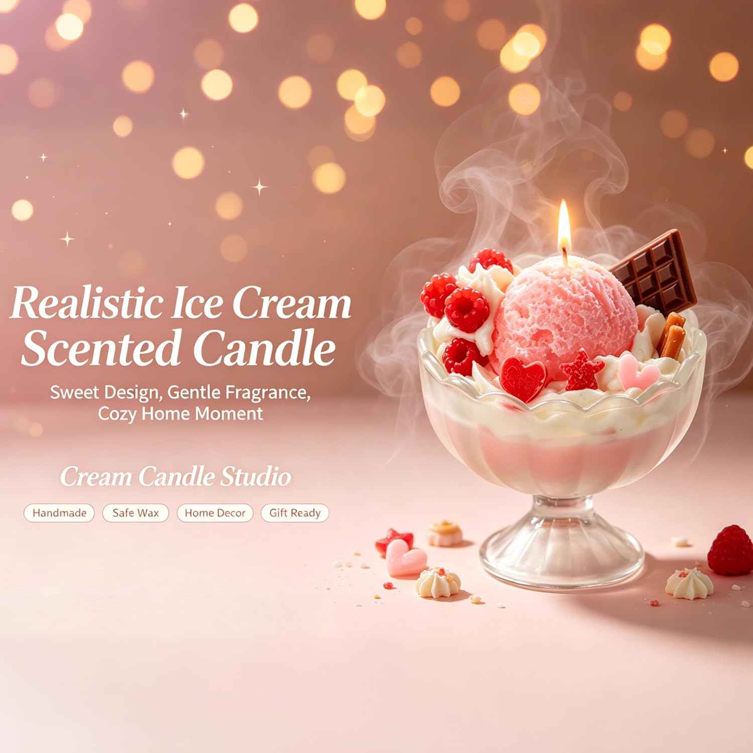 Ice Cream Sundae Shaped Scented Candle, Decorative Glass Bowl Candle for Home Table Decor, Gifting (Vanilla Raspberry)