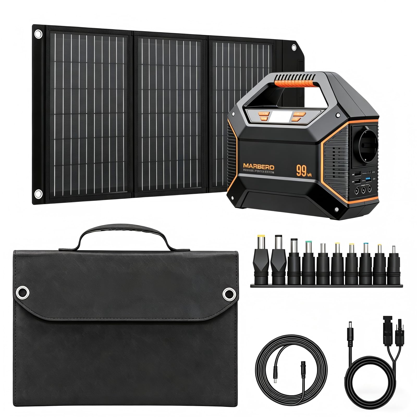 MARBERO Station Électrique Portable 27.000mAh avec Panneau Solaire Pliable 30W et Sac de Transport, Power Bank avec Prise AC 150W (Pic), Générateur Solaire avec Panneau Inclus pour Camping