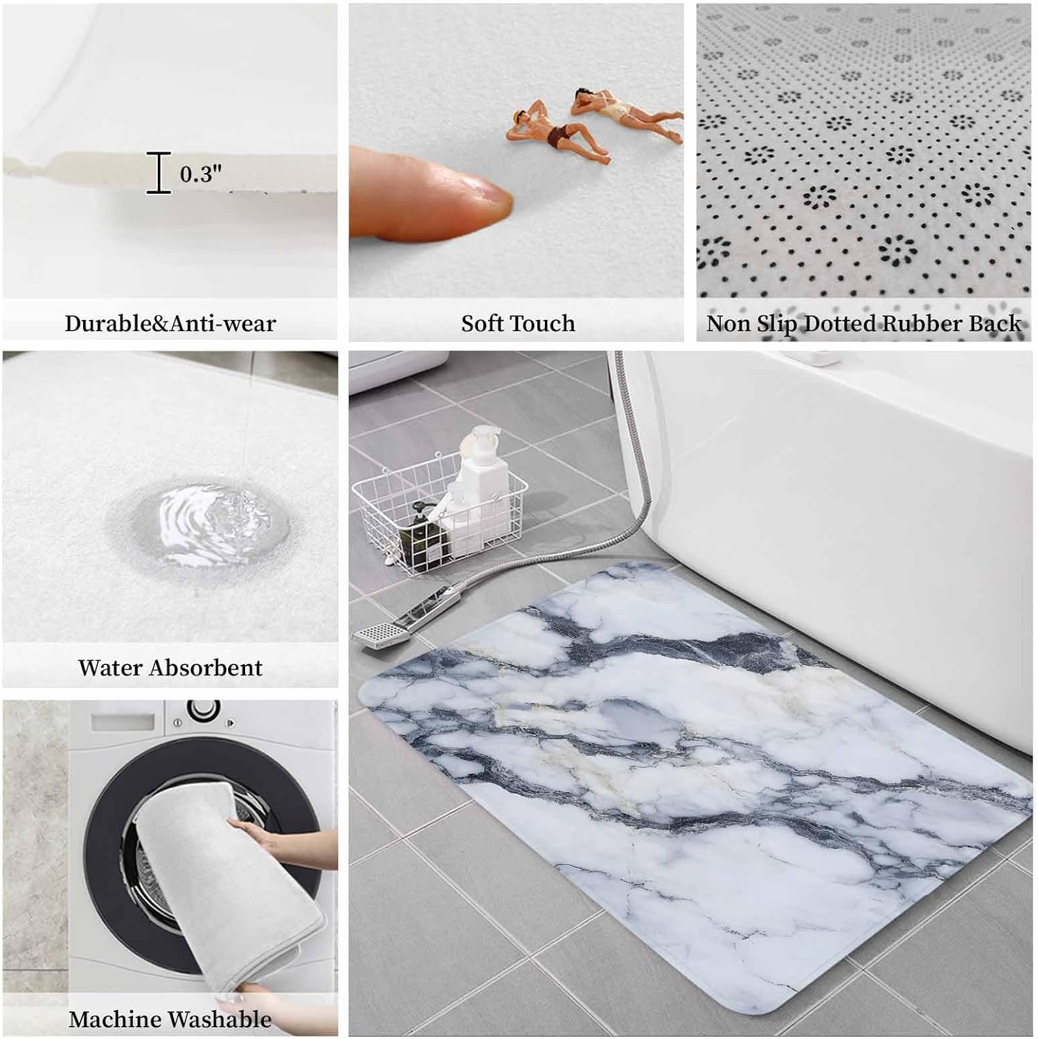Anti-Fatigue Kitchen Mats Standing Rugs Set of 2 Abstract Marble Texture Non-Slip Area Runner Floor Doormat White Gray Black Stone Art Washable Cushioned Carpet for Bedroom Bathroom Decor