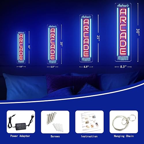 Miniatura 4 de Letrero de neón de arcada personalizado, vertical, hecho a mano, juego retro personalizado, azul hielo, rojo, grabado 3D, nombre de arcade, luz de