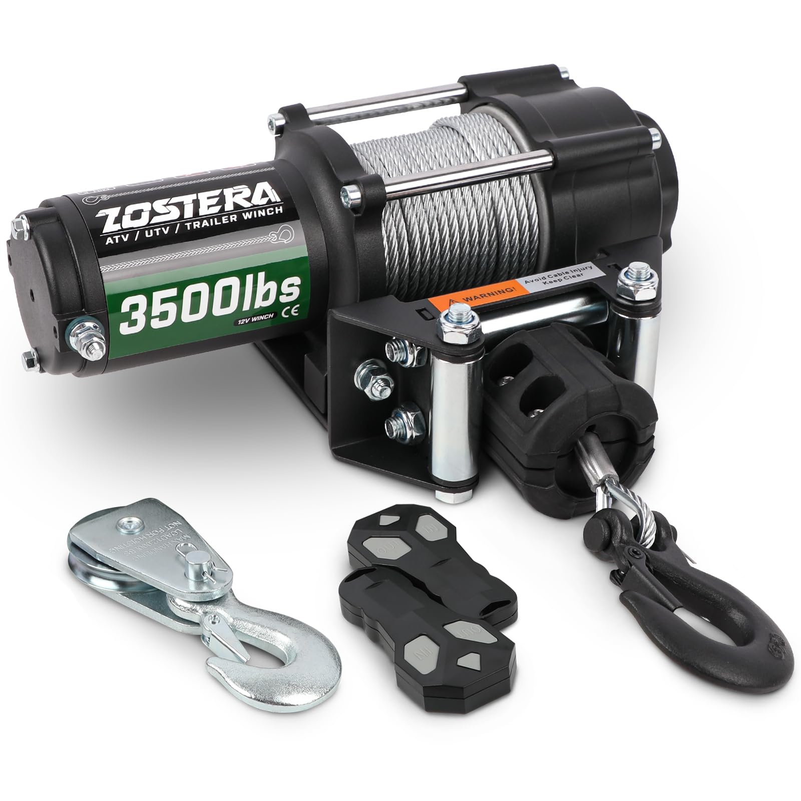 3500lbs ATV/UTV Winch Electric Boat Trailer Winch 12V, Waterproof Winch with Wire Rope, with 2 Wireless Remotes &Wired Switch,with Mounting Plate,Pulley,Rope Damper,Aluminium Fairlead