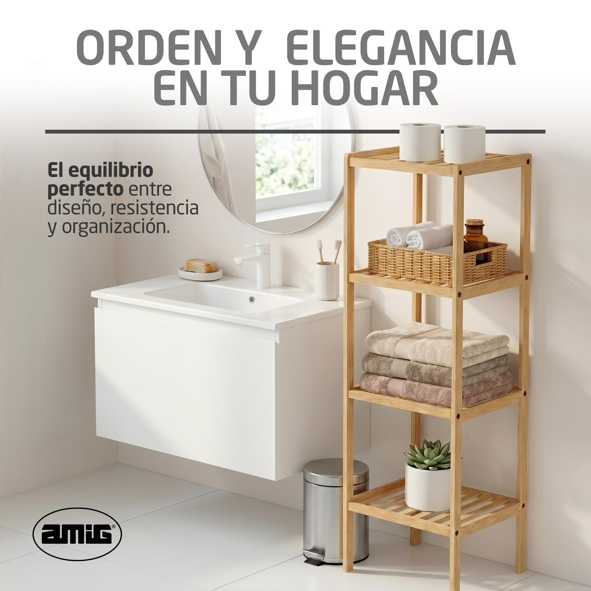 Amig - Estantería bambú para baño Mod. Bam - 4 Alturas - Fabricado en bambú - Diseño de Lamas - para Entrada, Sala de Estar, Cocina, Balcón - 37 x 33 x 110 cm