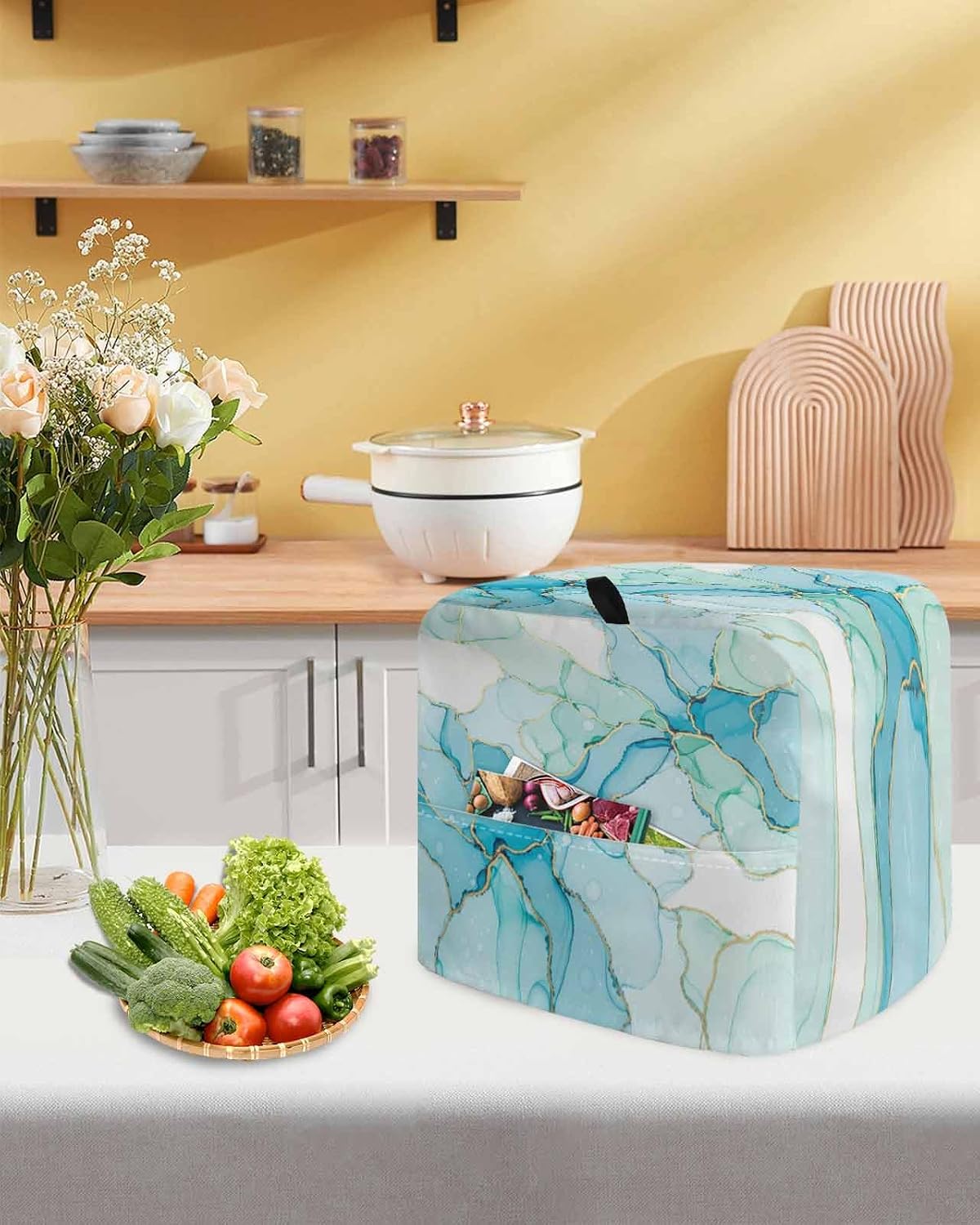 Turquoise Blue Marble Stand Mixer Cover with Storage Pocket, Waterproof Kitchen Mixer Covers, Modern Abstract Art Cracks Kitchen Appliance Dust Cover Compatible with 4/4.5 Quart Mixers