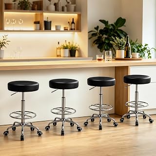 VECELO Bar Stools Set of 4, Round Rolling Stool with Footrest and Wheels, Adjustable Barstools for Bar Kitchen Island, Black