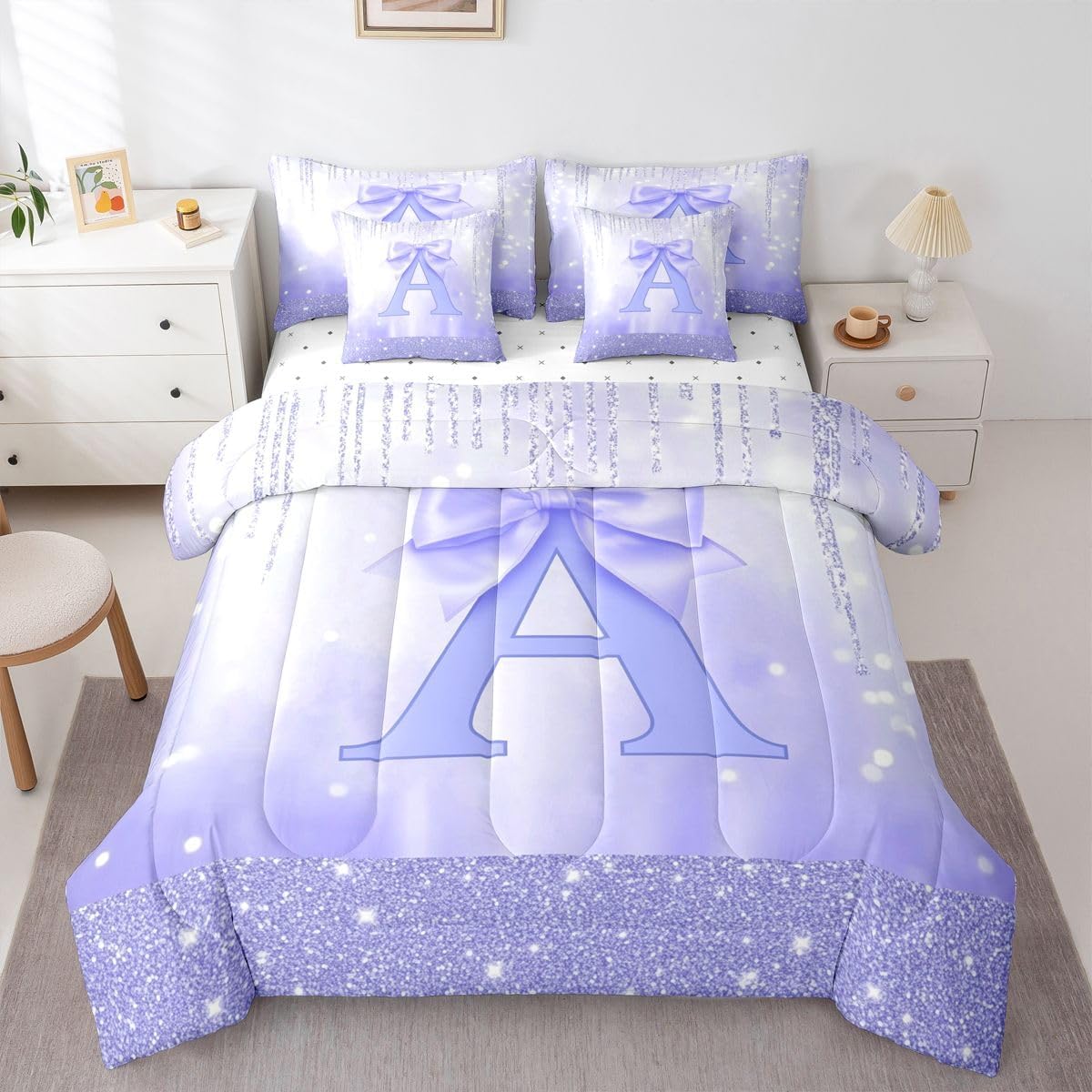 Feelyou Purple Bowknot Comforter Set with Sheets 7 Piece Twin Size Initial Letter A Bedding Set for Kids Boys Girls Princess Glitter Bed in a Bag Cute Bow Alphabet Room Decor Soft
