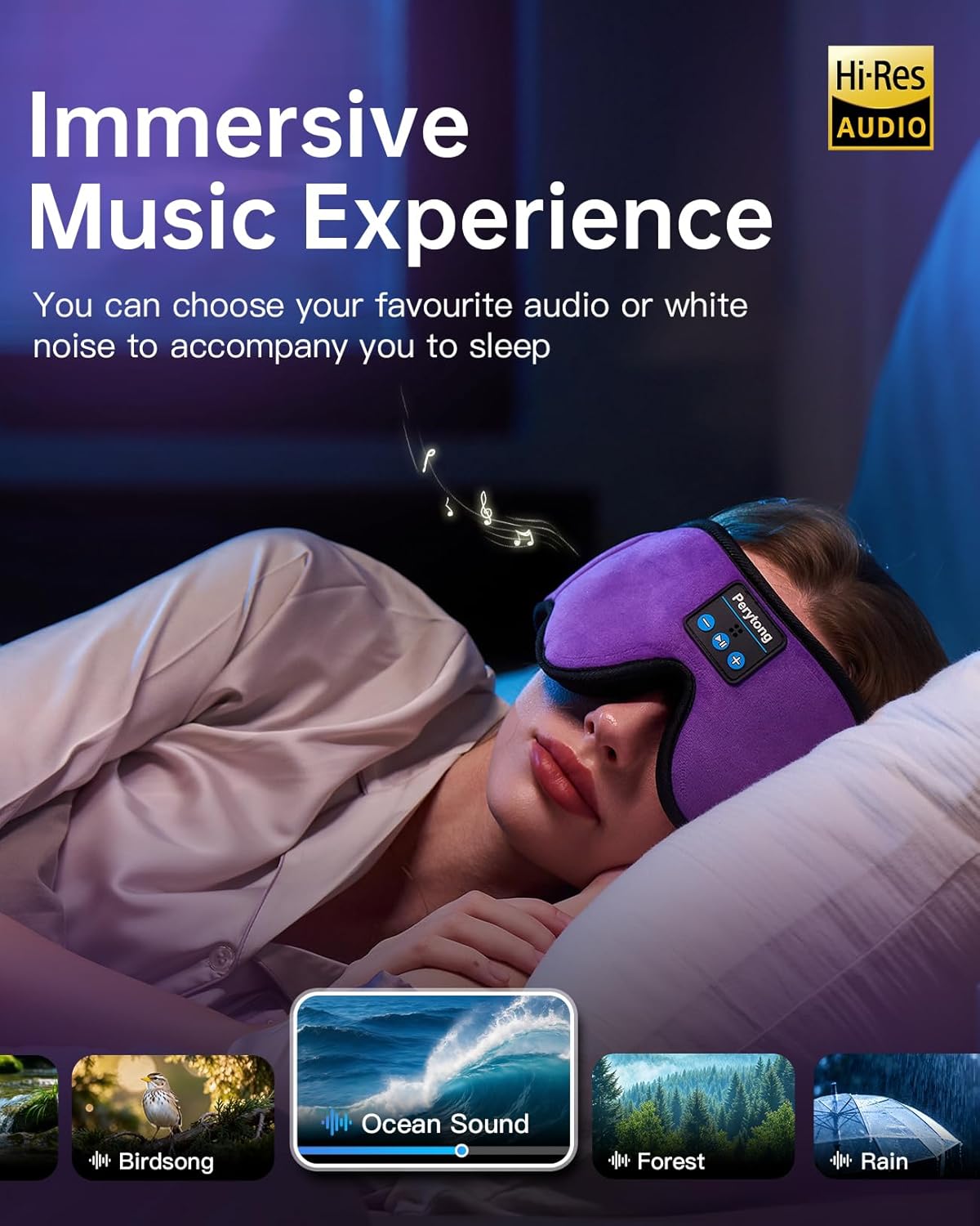 Perytong Sleep Mask with Bluetooth 5.4 Headphones, Wireless Music Sleep Eye Mask for Side Sleepers, 3D Contoured Comfort & Built-in HD Stereo Earphones, Blackout for Travel (Deep Lavender)