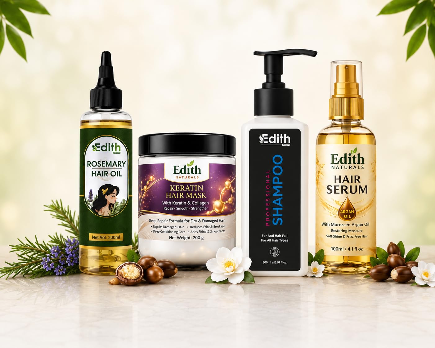 Edith Naturals Hair Care Combo | Rosemary Hair Oil, Keratin Hair Mask, Shampoo & Argan Hair Serum | Complete Hair Care Kit-image-7