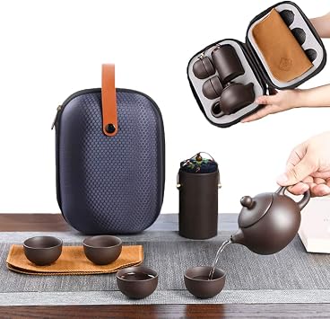Ceramic Travel Tea Sets 6 Pack, Portable Chinese Gongfu Purple Clay Teapot