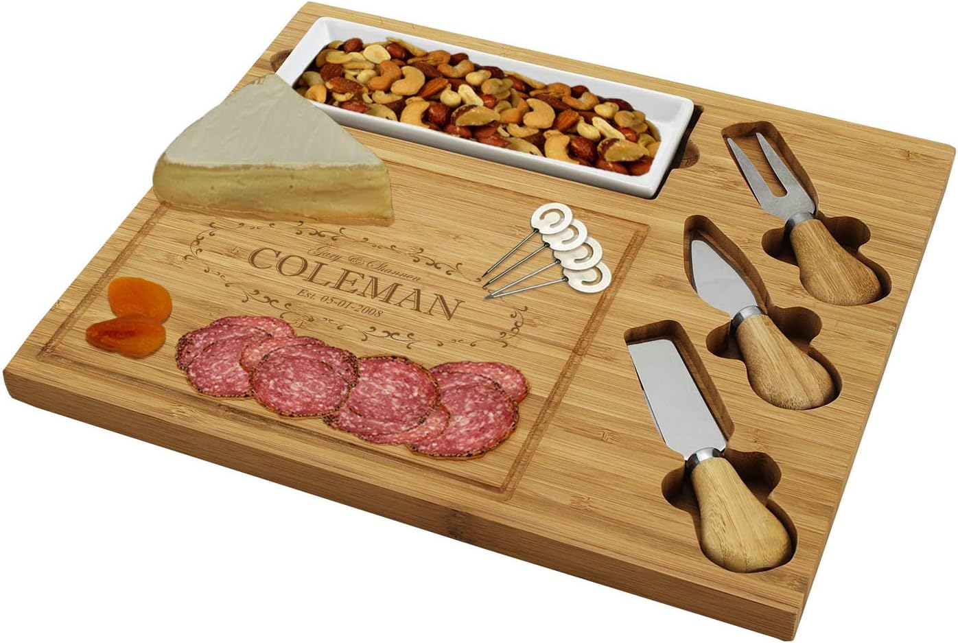 Custom Personalized Engraved Bamboo Cutting Board for Cheese & Charcuterie with Ceramic Dish, Knife Set & Cheese Markers -by Picnic at Ascot USA