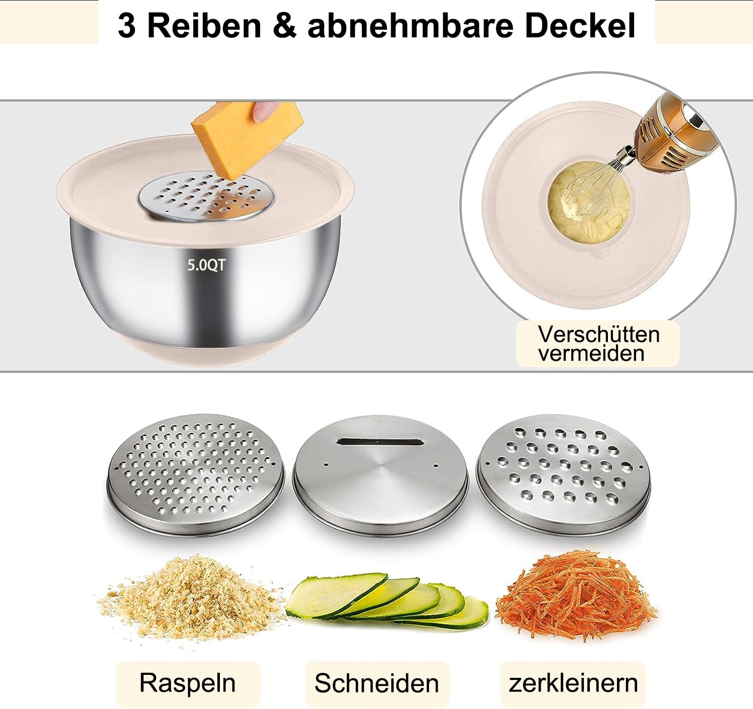 Terlulu Rührschüssel 6er Set, Edelstahl Schüssel Salatschüssel Set mit Deckel & Silikonboden, 3 Reibenaufsätzen, 4.7l/3.8l/2.8l/1.9l/1.4l/0.6l, Rutschfest & Stapelbar - Khaki